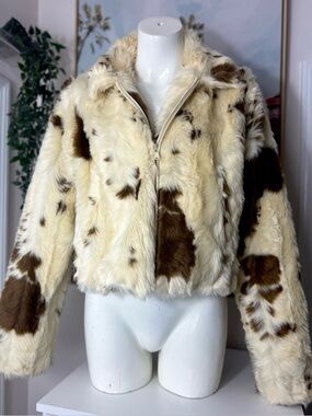 Zara Cow Print Faux Fur Jacket Cream Brown Cropped Teddy Coat Size Large Viral